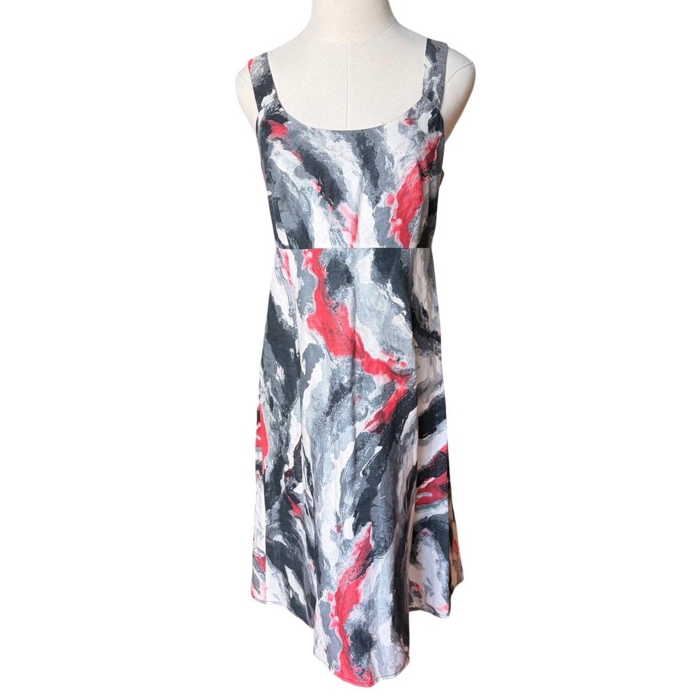 Isda & Co Linen Cotton Abstract Print Midi Dress Grey Red Back Tie Bow Size 8
